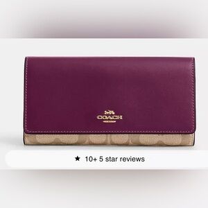Coach Khaki & Deep Berry Signature Canvas Slim Trifold Wallet